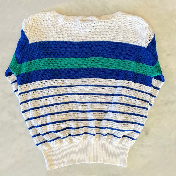 Vintage 80s White, Blue and Teal Striped Boatneck 3/4 Sleeve Sheer Sweater / M L - Picture 5 of 6